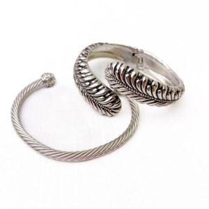 Silver Tone Leaf Open Cuff Hinge Bracelet And Band Bracelet Lot Of 2